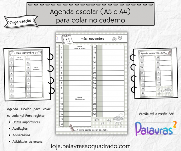 Agenda escolar para colar no caderno